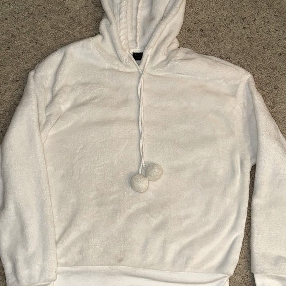Fleece White Hoodie Pom-Pom Drawstring XS to S - Picture 1 of 4
